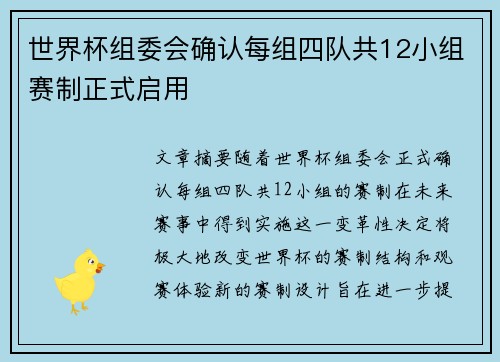 世界杯组委会确认每组四队共12小组赛制正式启用