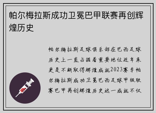 帕尔梅拉斯成功卫冕巴甲联赛再创辉煌历史 帕尔梅拉斯成功卫冕巴甲联赛再创辉煌历史